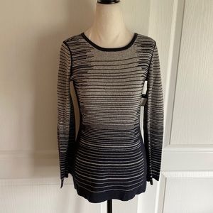 NTW NIC + ZOE navy blue and gray striped crewneck sweater.